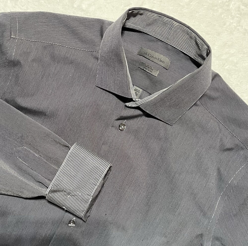 Calvin Klein Shirt Mens 16 34-35 Slim Fit Long Sleeve Button Up Non Iron Stripe